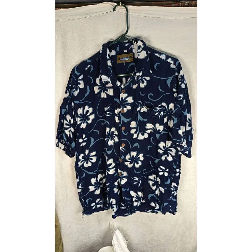 Dreamland Handmade Hawaiian Button Up Shirt Blue Batik L Large